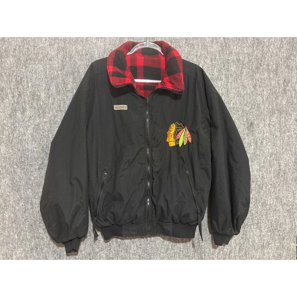 Columbia Chicago Blackhawks Reversible Jacket Mens Medium Black Buffalo Plaid